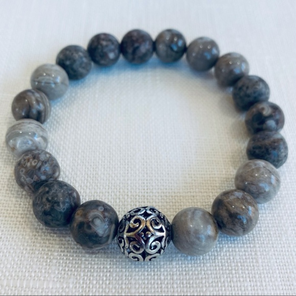 HAND CRAFTED Fossil Coral Gemstone Stretch Beaded Bracelet Sterling Silver